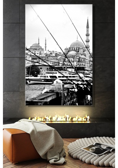 Dikey Kanvas Duvar Tablosu Tekli Salon Ofis Siyah Beyaz Galata Köprüsü Haliç Balıkçı Çok Renkli