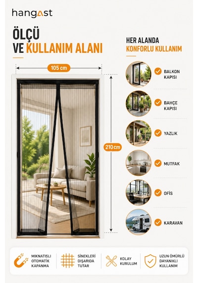 Mıknatıslı Kapı Sinekliği 105x210 Cm Otomatik Kapanan Cırtbantlı