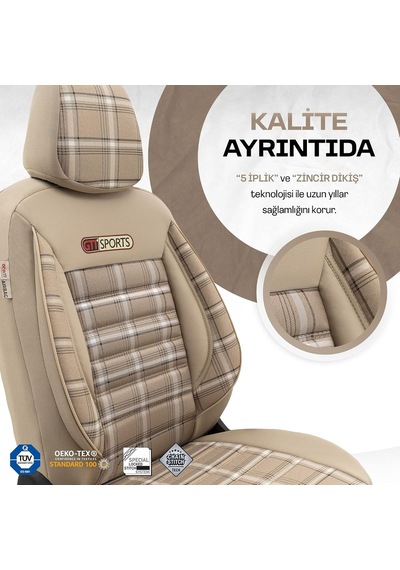 Gti Sports Design Oto Koltuk Kılıfı Ekstra Destekli Özel Jacquard Kumaş Tam Set - Bej