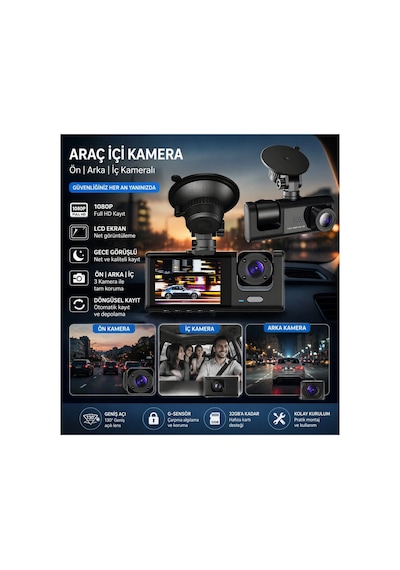 Wifi Destekli 1080p 3 Kameralı Araç İçi Kamera Lcd Ekranlı Gece Görüşlü G Sensörlü