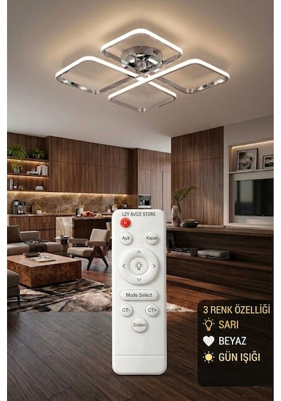March Dekoratif Kumandalı Krom Plafonyer Led Avize-4'lü Geometrik Kare 3 Renk Yanma Özellikli