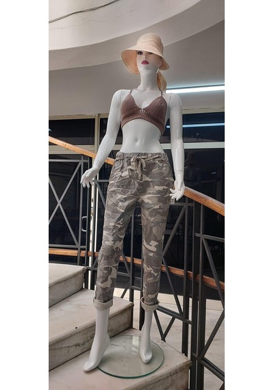 Eren Style Italyan Beli Bağlamalı Kamuflaj Desenli Dar Paça Pantolon-9078 Bej