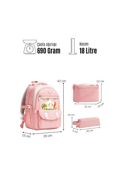 3'lü Set İlkokul Okul Çantası Beslenme Kalemlikli Sırt Çantası Seti Pembe 1940