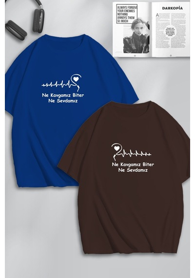 Unisex Kadın Erkek Kavga Ve Sevda Baskılı Sevgili Çift Kombini Tasarım Oversize Tshirt 2'li Kahvemavi Mck0225 Çok Renkli