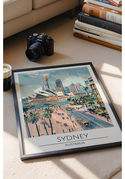 Avustralya Sydney Temalı Çerçeveli Tablo Travel Serisi Modern İllüstrasyon Şehir Duvar Dekoru Siyah