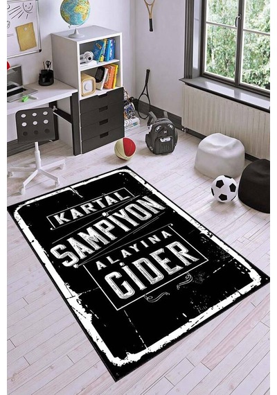 Siyah Ve Beyaz Kaymaz Tabanlı Yıkanabilen Taraftar Halısı Ar191n11 Siyah - Beyaz