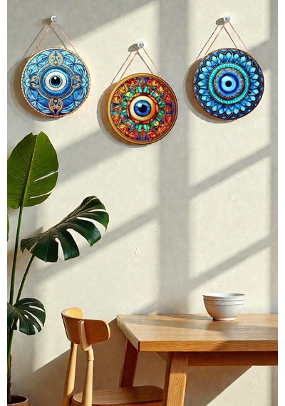 Nazar Boncuğu Kristal Mdf İpli Tablo Seti, 3 Lü Modern Duvar Dekoru, Salon, Oturma Odası, Ev İçin
