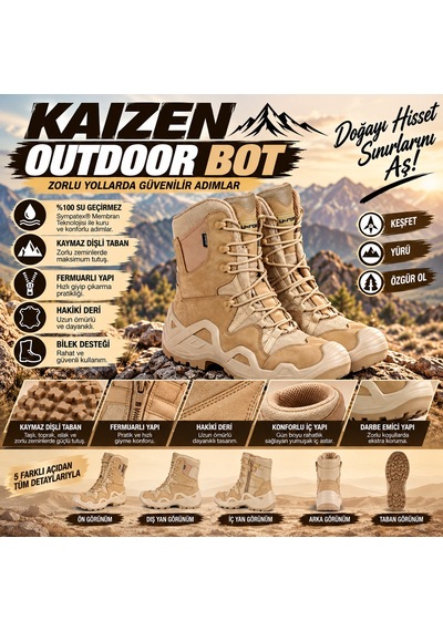 U Force Outdoor Bot Unisex Su Geçirmez Sympatex Kaymaz Dişli Taban Fermuarlı Hakiki Deri Bej