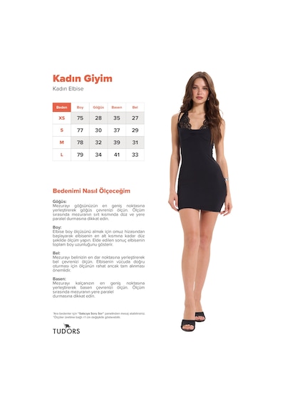 Tudors Kadın Slim Fit Dar Kesim Boyundan Bağlamalı Sıfır Kol Dantel Detaylı Siyah Elbise-52064