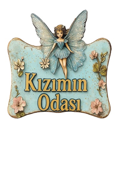 Kızımın Odası Yazılı Melek Tasarımlı Ahşap Mdf Kapı Süsü - Uv Hd Baskılı Eskitme Turkuaz