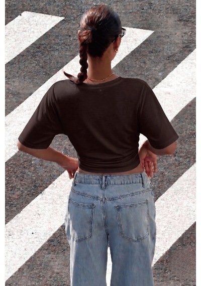 Genius Store Kadın Bele Oturan Geniş Kollu Bluz Yarasa Kol Siyah Bluz Yarasa-bluz Kahverengi