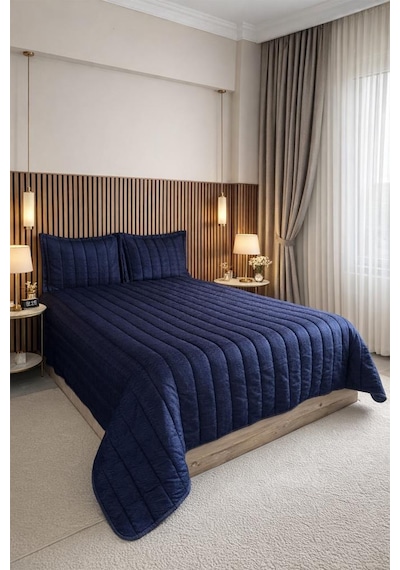 Velmira Jakarlı Kadife Elyaf Dolgulu Yatak Örtüsü 240x240 Cm Lacivert Lacivert