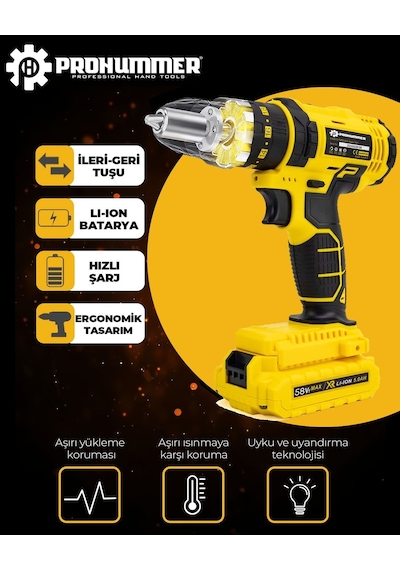 Prohummer Ph249 Akülü Plastik Mandren Darbesiz 58vf Vidalama Matkap Seti Sarı