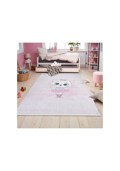 Balerin Kedi Çocuk Odası Halısı Kız Çocuk İçin Yumuşak Kaymaz Yıkanabilir Pembe Pembe