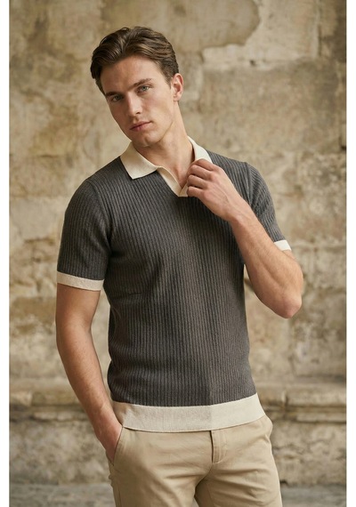 Sayzen Your Shine Sayzen Polo Yaka Çizgili T-shirt Mansum2601 Füme