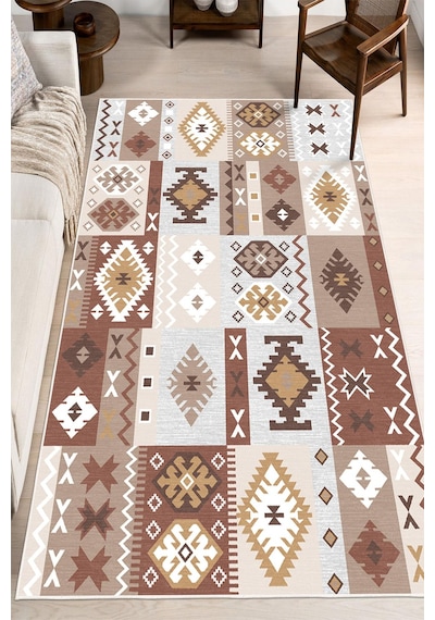 Dijital Baskılı Dekoratif Kilim Desen Kaymaz Taban Yıkanabilir Salon Halısı Yolluk Kahverengi