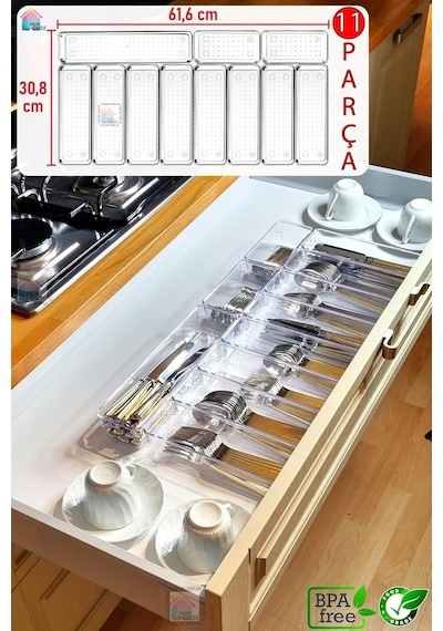 11'li Set Modüler Mutfaklarda Çekmece Içi Kaşıklık Organizer Düzenleyici Şeffaf Şeffaf 40 X 50 Diğer