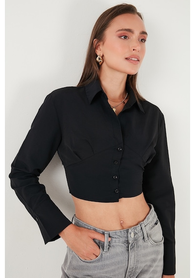 Lela Fitted Fit Pamuklu Korse Detaylı Uzun Kollu Crop Bayan Gömlek 611Go00376 Siyah