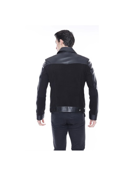 M M Marki Marki Erkek Süet Deri Ceket, Gömlek Yaka, Fermuarlı, Motorsiklet Tarzı, Fit Kesim - 500122 Siyah