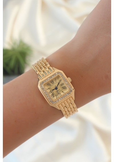Mokashopin Erb Gold Renk Zirkon Taşlı Kare Model Roma Rakamlı Retro Kadın Saat Altın - 648635719 Altın
