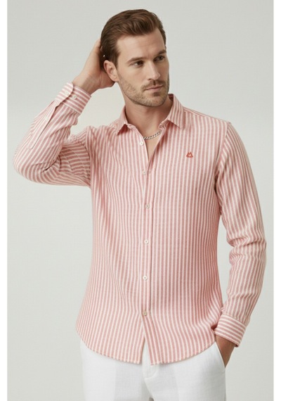 Rizzup Turuncu Slim Fit Çizgili %100 Pamuk Erkek Gömlek Nefes Alan Şık Günlük Gömlek 2602626