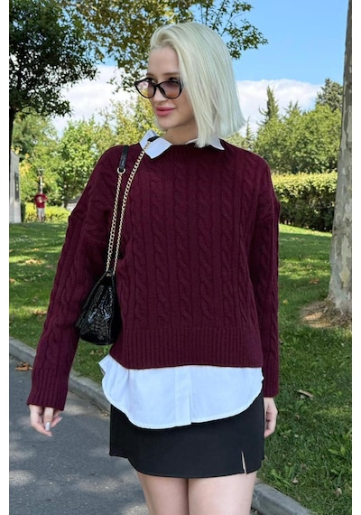 Madmext Bordo Bisiklet Yaka Örgü Desenli Kadın Triko Kazak Mg2520 Bordo