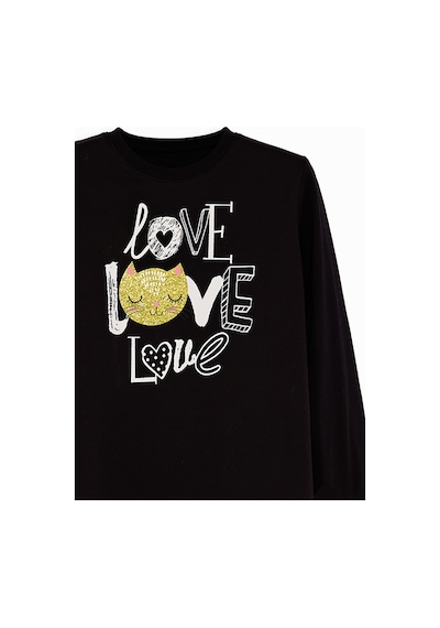 Kız Çocuk Kışlık Kedi ve Kalp Desenli Pamuklu Siyah Uzun Kollu 2 Parça T-Shirt Tayt Takımı 4-10 Yaş
