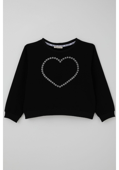 Breeze Kız Çocuk Sweatshirt Taşlı Kalp Baskılı 7-12 Yaş, Siyah Siyah