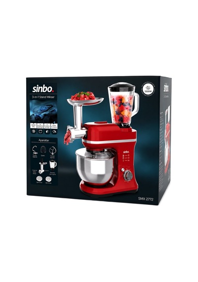 Sinbo Standlı Mikser & Blender Seti 3in1 1500w 5 Kademe Hız Ayarı Kırmızı