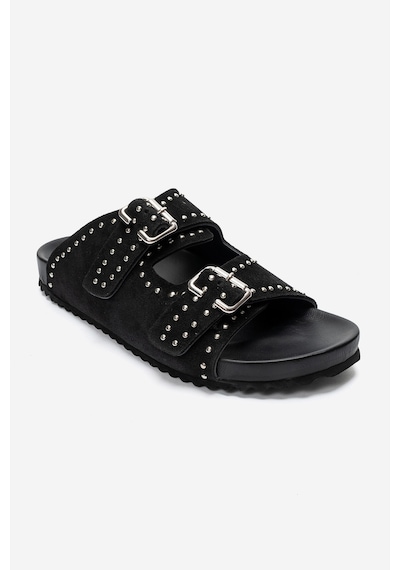 Luvi Shoes Avenelle Siyah Süet Hakiki Deri Çift Bantlı Zımbalı Kadın Terlik
