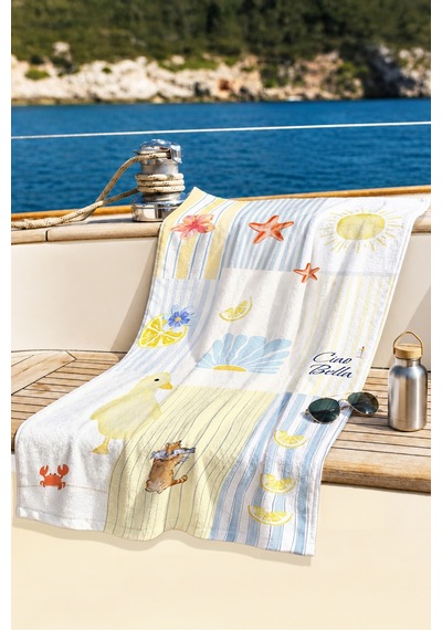 Akdeniz Tropikal Çizgili Plaj Havlusu - Marine Pastel Sarı Mavi Hızlı Kuruyan Mikrofiber Havlu Örtü Çok Renkli