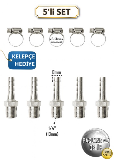 Paslanmaz Hortum Rekoru 1/4 Rekor + Kelepçe 5'li Set Krom Çelik Hortum Ucu 304 Kalite Standart