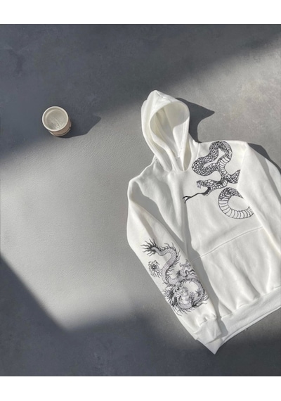 Efnaz Style Uzun Kol Kapşonlu Baskılı Sweatshirt - Beyaz