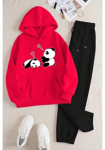Uyguntarz Unisex Uykucu Panda Baskılı Rahat Eşofman Takımı Kırmızı