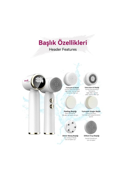 6 Başlık 3 Aşamalı Led Şarjlı Ekranlı Peeling Yüz Masaj Cilt Bakım Cihazı Aleti Frimatör Brush Beyaz