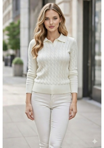 Youknitwear You Riviera %100 Pamuk Polo Yaka Kadın Kazak Beyaz