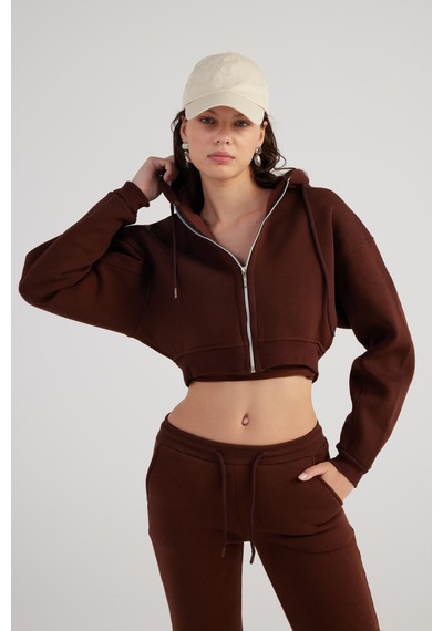Holly Lolly Kadın Kahverengi Kapüşonlu Uzun Kol Fermuarlı Crop Mixed Sweat Kahve