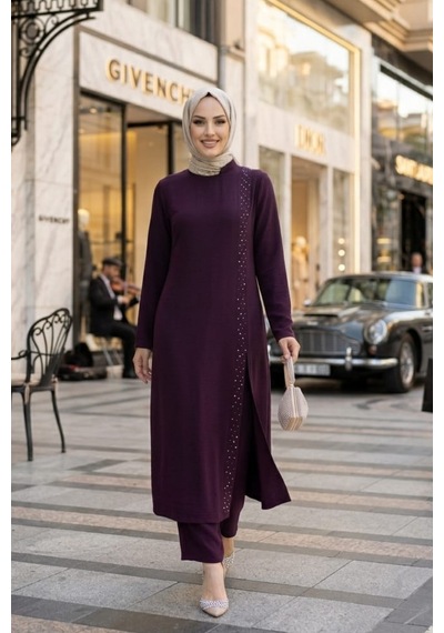 Hb Harma Time Butik Kadın İnci İşlemeli Bordo Tunik-pantolon İkili Takım