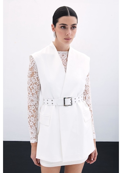 Sateen Kemerli Uzun Yelek - Ekru-135806 Ekru