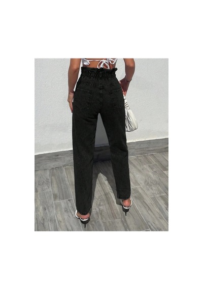 Kene Jeans Yüksek Bel Siyah Çift Düğme Kemer Büzgülü Mom Jeans Siyah