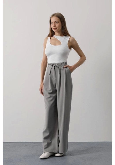 Defymoda Pileli Bağcıklı Oversize Pantolon - Gri Gri