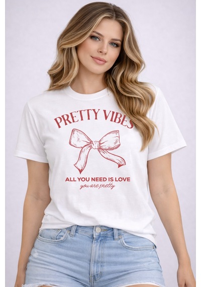 Herkesemoda Pretty Vibes Baskı Detaylı Basic T-shirt Beyaz