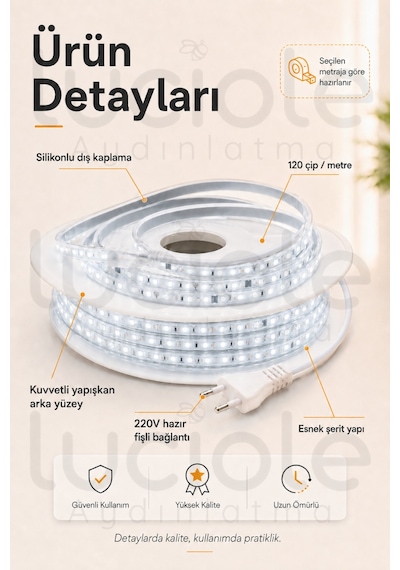 12 Metre 220v Beyaz Şerit Led Hazır Fişli Tak Çalıştır Silikonlu Yapışkanlı