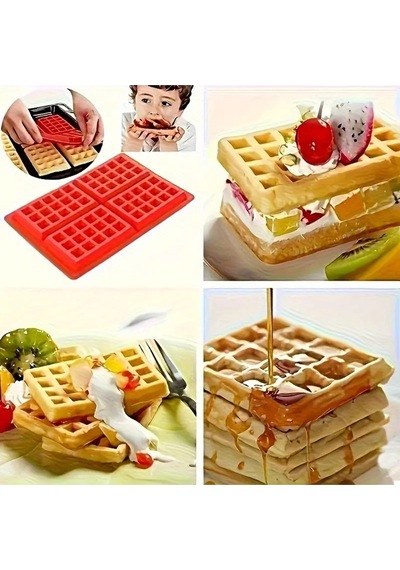 Silikon Fırın Tepsisi 4 Delikli Waffle Kalıbı, Kek Waffle Yapma Tepsisi Kalıbı Kırmızı