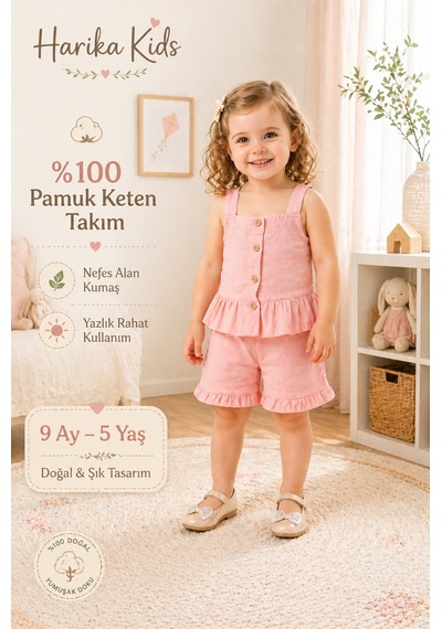 Harika Kids Kız Bebek Keten Kumaş Alt-üst Takım- %100 Pamuklu Pembe