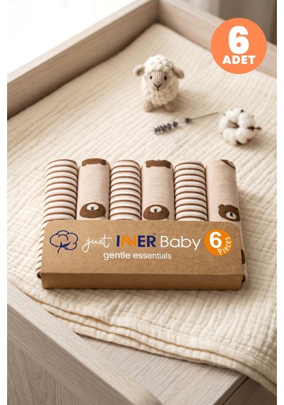 Just Inner Erkek Bebek 6'lı Pamuklu Ağız Mendili Ayıcık Ve Çizgili Desenli Kutulu Set Nefes Alan Doku 584202 Bej