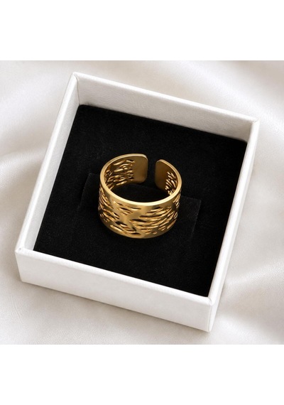 Ajur Desenli Geniş Form Gold Renk Çelik Ayarlanabilir Yüzük Altın