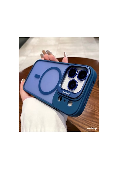 İphone 17 Uyumlu Kılıf Açılır Kamera Stand Magsafeli Mat Renkli Şeffaf + Lens Koruyucu Set Lacivert