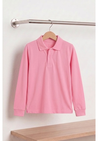 Nacar Store Unisex Çocuk Uzun Kollu Polo Yaka Lakost Okul Tişörtü Pembe