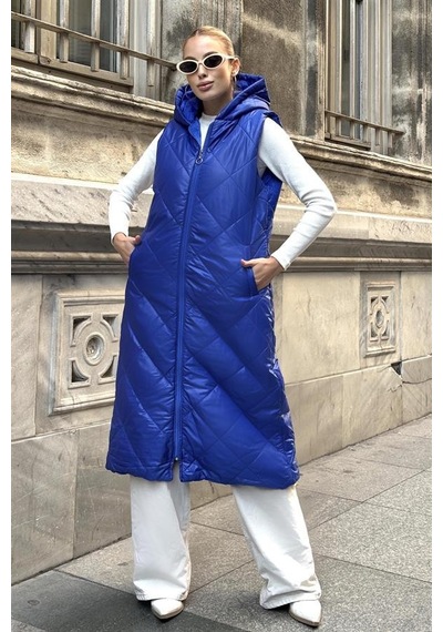 Veraura Lifestyle Saks Mavi Kapüşonlu Cepli Baklava Desen Uzun Şişme Yelek